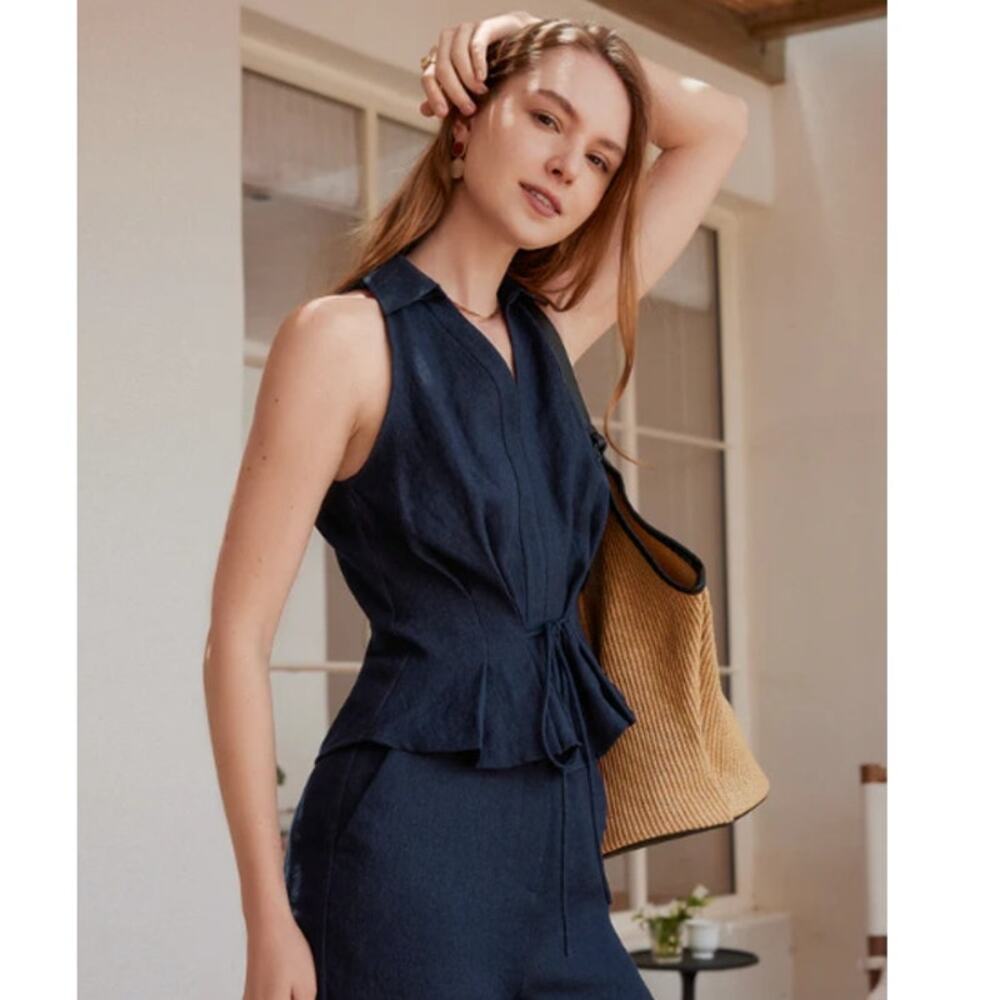 OGL Viscose-Linen Weave Collared V-neck Pleated Sleeveless Top Denim Navy XS NEW